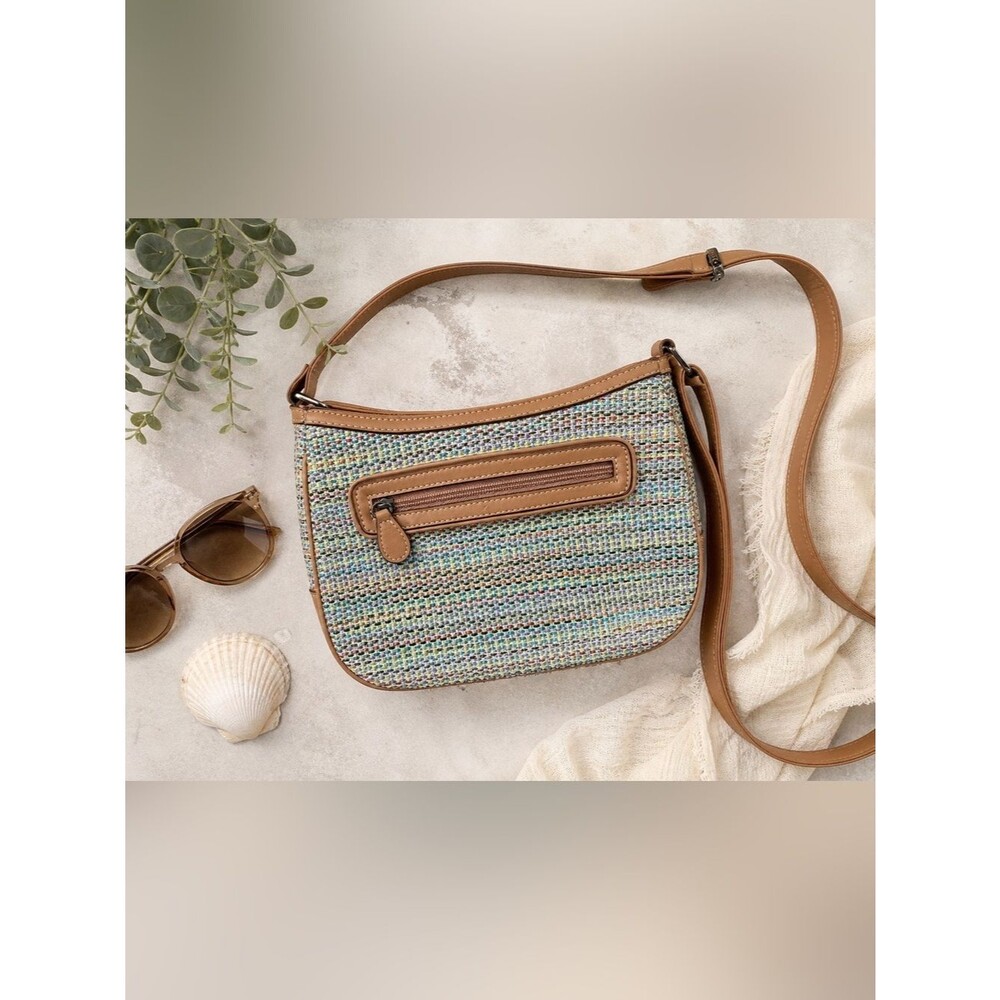 Woven Rattan Shoulder Bag with Tan Trim, Boho, Coastal